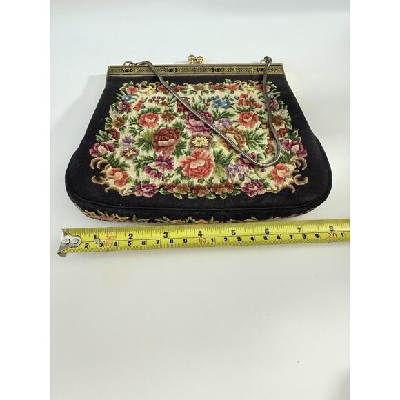 Vintage Petit Point Floral Purse on Black – Gold Frame, Handbag Clutch - Picture 9 of 10
